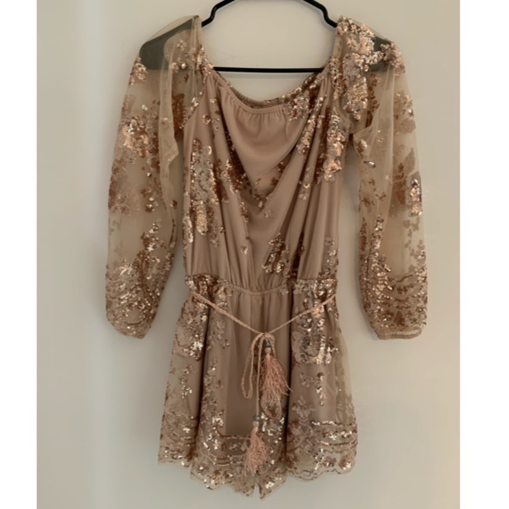 Fashion Nova Rose Gold Sequin Romper- New